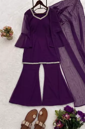 Women wine georgette bell sleeve kurta with flared sharara & dupatta set