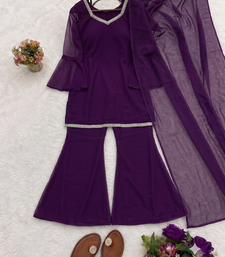 Women wine georgette bell sleeve kurta with flared sharara & dupatta set