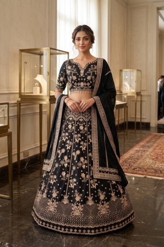 Elegant Black Embroidered Designer Lehenga Choli with Dupatta