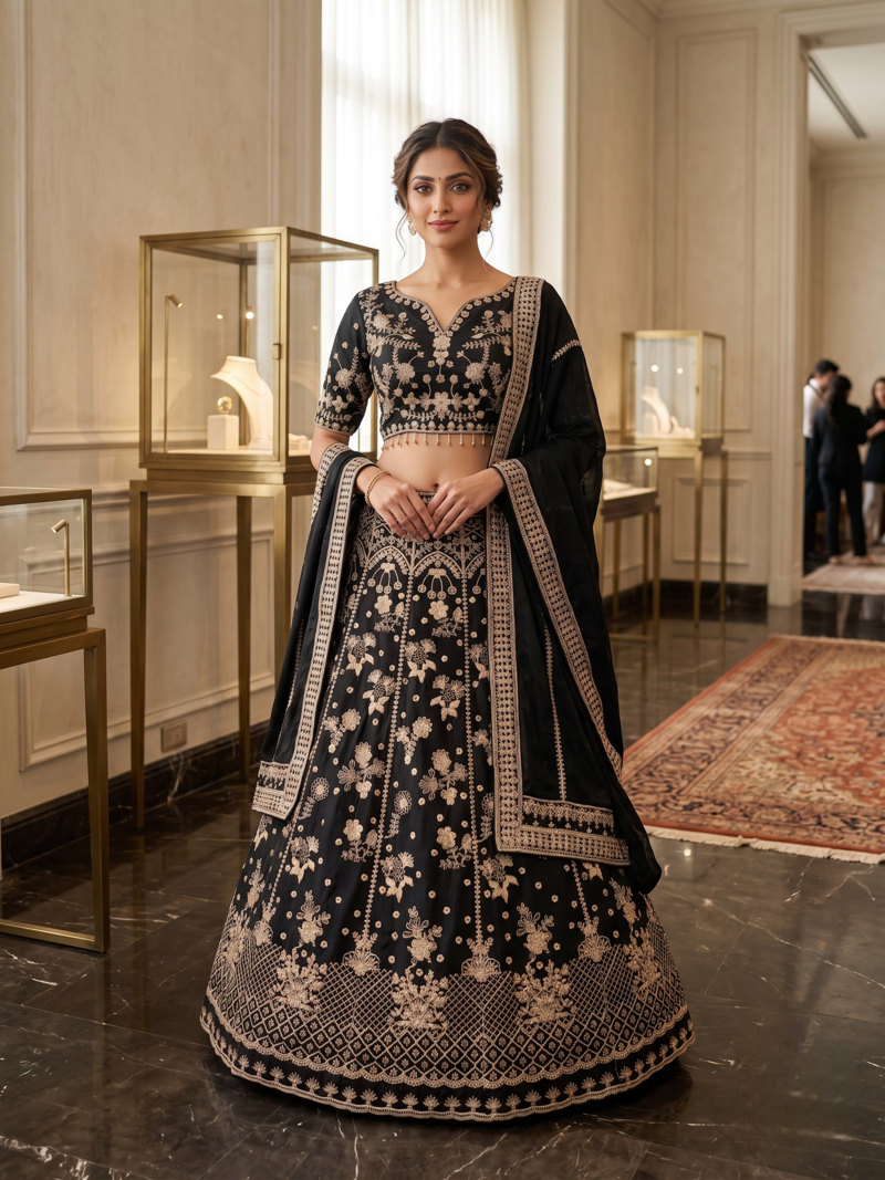 Elegant Black Embroidered Designer Lehenga Choli with Dupatta