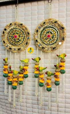 handmade peacock bird wall hanging decorativebeads & pom poms hanging for home decorations (pack of 2) 1