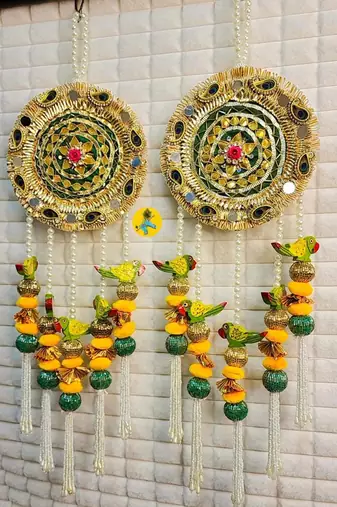 handmade peacock bird wall hanging decorativebeads & pom poms hanging for home decorations (pack of 2)
