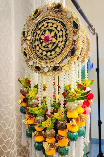 handmade peacock bird wall hanging decorativebeads & pom poms hanging for home decorations (pack of 2)