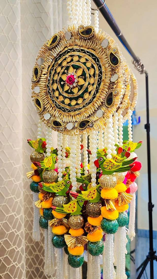 handmade peacock bird wall hanging decorativebeads & pom poms hanging for home decorations (pack of 2)