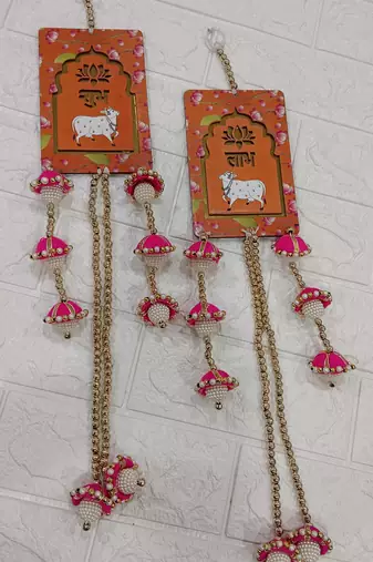 handmade shubh labh cow design mdf door hanging decorative wall hanging for home decor (pack of 2)
