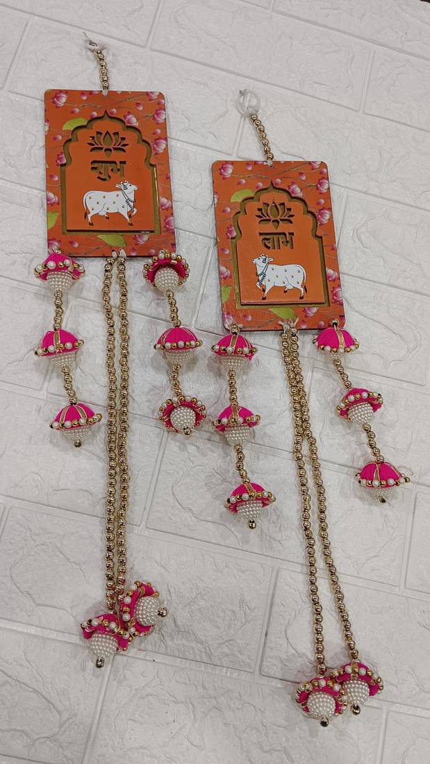 handmade shubh labh cow design mdf door hanging decorative wall hanging for home decor (pack of 2)