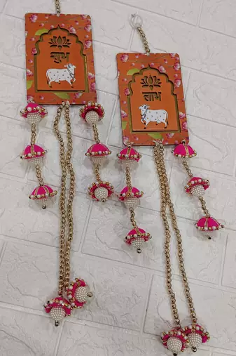 handmade shubh labh cow design mdf door hanging decorative wall hanging for home decor (pack of 2)