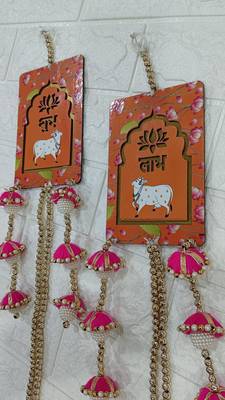 handmade shubh labh cow design mdf door hanging decorative wall hanging for home decor (pack of 2) 4