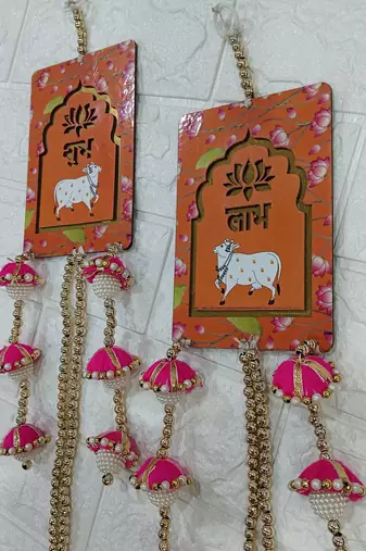 handmade shubh labh cow design mdf door hanging decorative wall hanging for home decor (pack of 2)