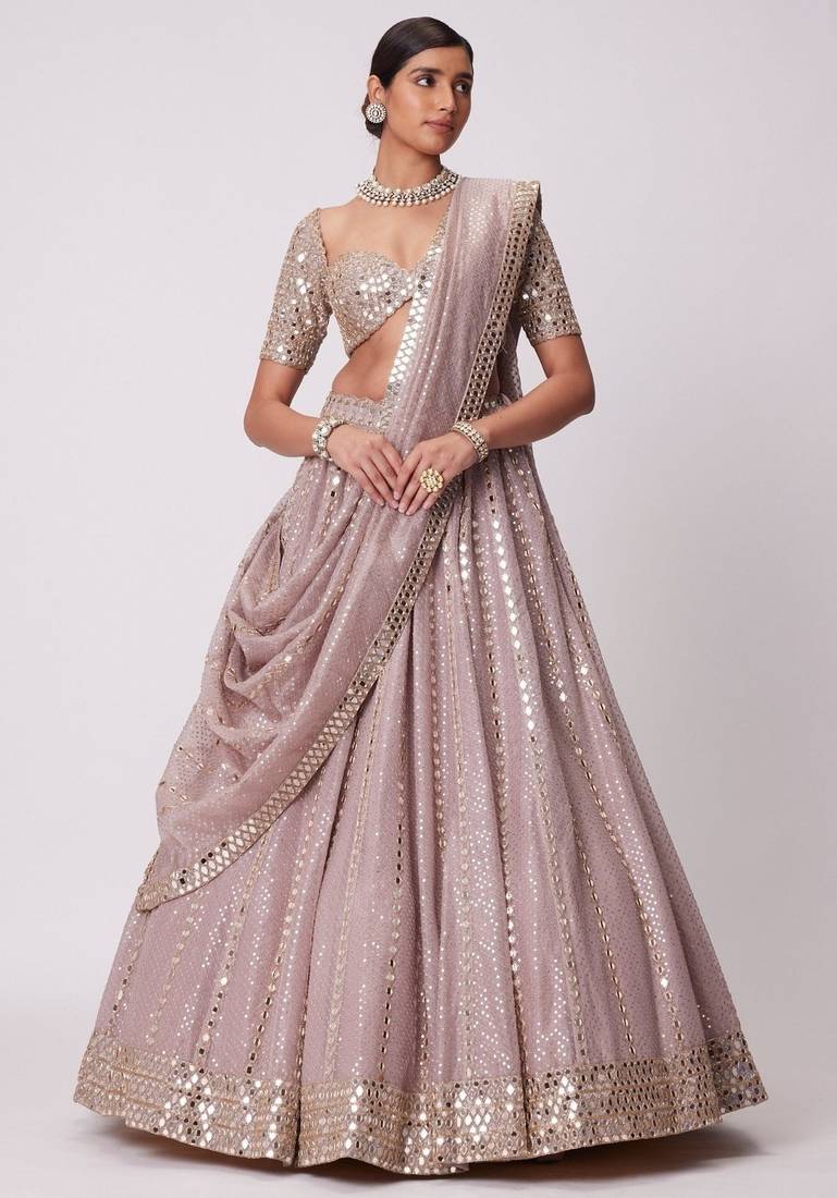 Ashpink Organza Sequin And Paper Mirror Work Lehenga Choli For Wedding 