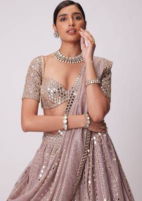 Ashpink Organza Sequin And Paper Mirror Work Lehenga Choli For Wedding  3