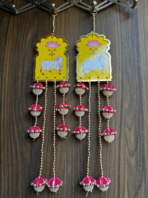 handmade cow lotus mdf door hanging decorative latkanhome festival decoration pink beads tassel hanging (pack of 2) 1