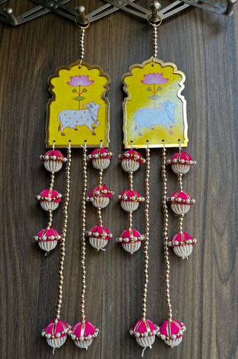 handmade cow lotus mdf door hanging decorative latkanhome festival decoration pink beads tassel hanging (pack of 2)