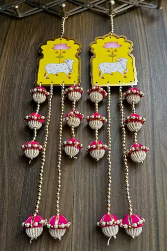 handmade cow lotus mdf door hanging decorative latkanhome festival decoration pink beads tassel hanging (pack of 2)