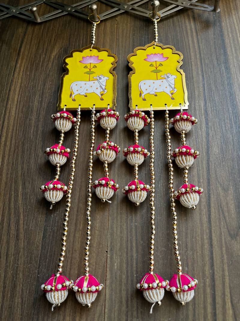 handmade cow lotus mdf door hanging decorative latkanhome festival decoration pink beads tassel hanging (pack of 2)