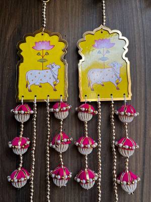 handmade cow lotus mdf door hanging decorative latkanhome festival decoration pink beads tassel hanging (pack of 2) 3
