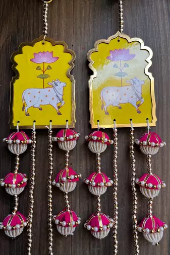 handmade cow lotus mdf door hanging decorative latkanhome festival decoration pink beads tassel hanging (pack of 2)