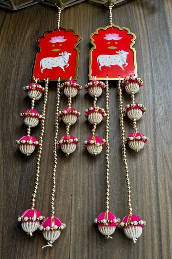 handcrafted cow mdf door hanging wall decorpink tassels traditional home decorative (pack of 2)