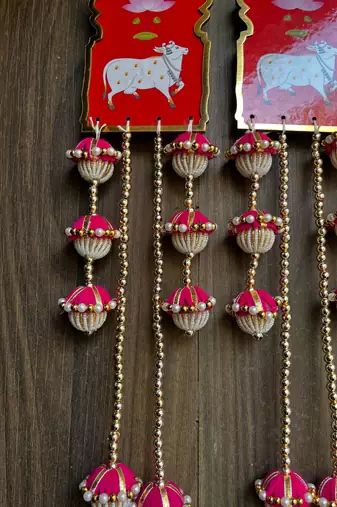 handcrafted cow mdf door hanging wall decorpink tassels traditional home decorative (pack of 2)