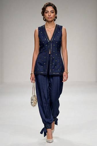 Blue embroidered modal silk co ord set