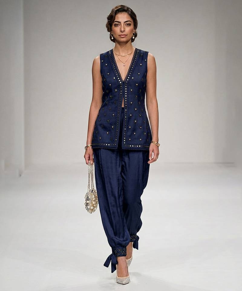 Blue embroidered modal silk co ord set