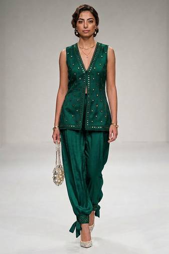 Green embroidered modal silk co ord set