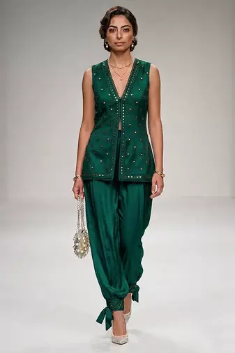 Green embroidered modal silk co ord set
