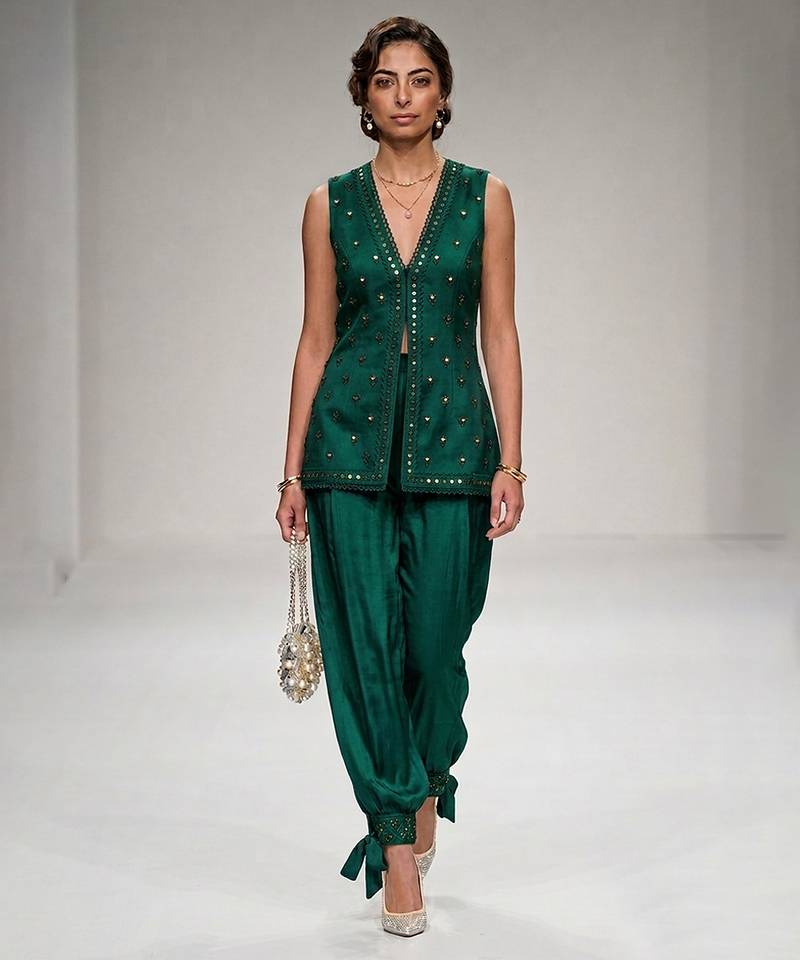 Green embroidered modal silk co ord set