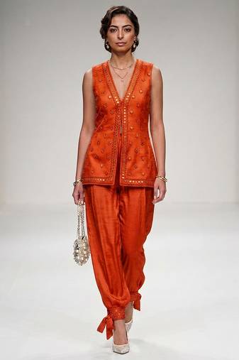 Orange embroidered modal silk co ord set