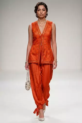 Orange embroidered modal silk co ord set