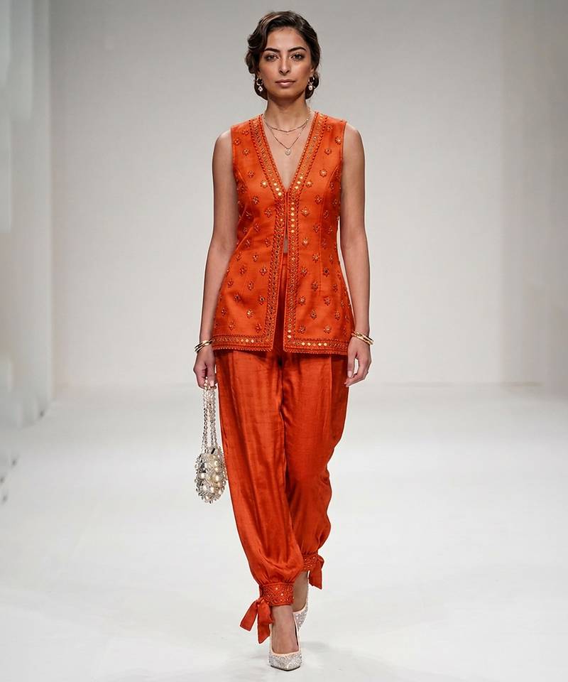 Orange embroidered modal silk co ord set