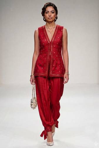 Red embroidered modal silk co ord set