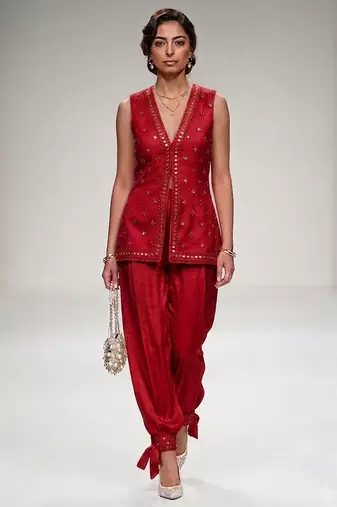 Red embroidered modal silk co ord set