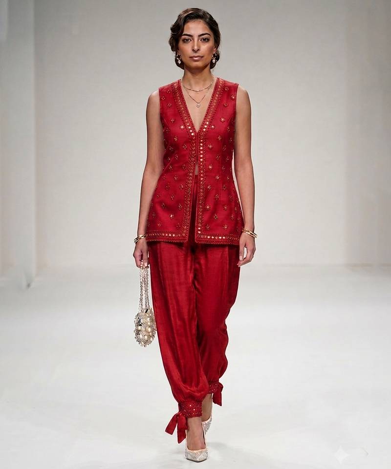Red embroidered modal silk co ord set