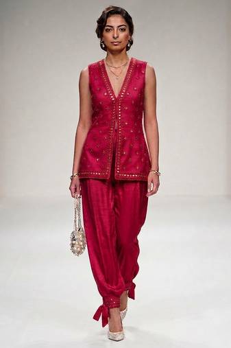 Pink embroidered modal silk co ord set