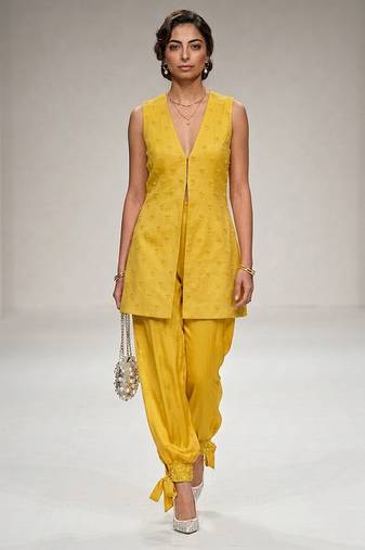 Yellow embroidered modal silk co ord set