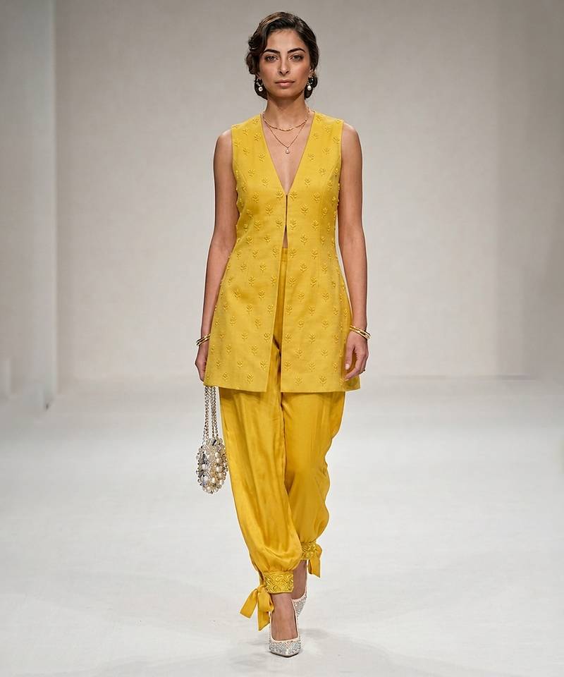 Yellow embroidered modal silk co ord set