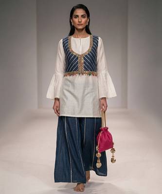 Blue embroidered dupion silk kurta co ord set 1
