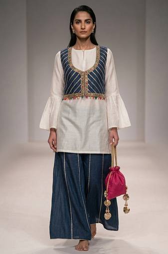 Blue embroidered dupion silk kurta co ord set