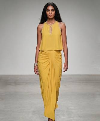 Yellow embroidered crepe drape skirt set 1