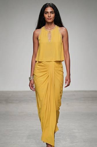 Yellow embroidered crepe drape skirt set