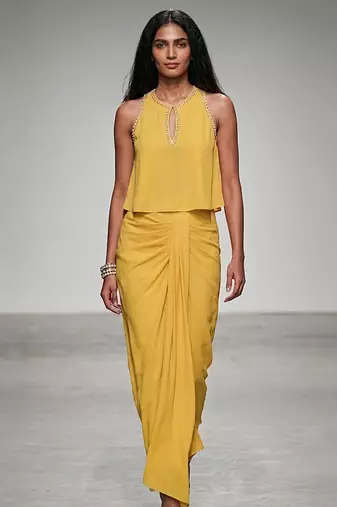Yellow embroidered crepe drape skirt set