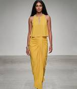 Yellow embroidered crepe drape skirt set
