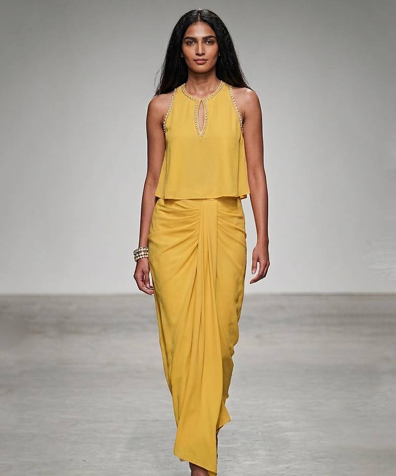 Yellow embroidered crepe drape skirt set