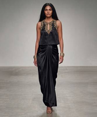 Black embroidered assam satin skirt set 1