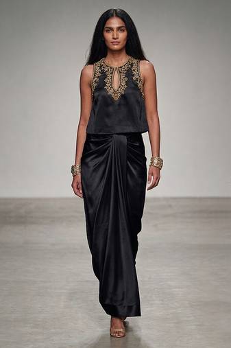 Black embroidered assam satin skirt set