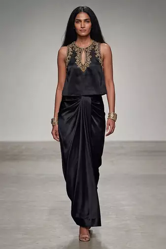 Black embroidered assam satin skirt set
