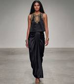 Black embroidered assam satin skirt set