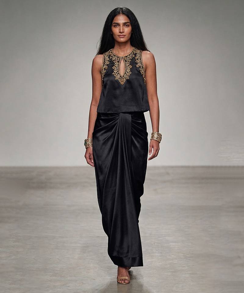 Black embroidered assam satin skirt set