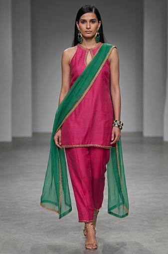 Pink embroidered dupion silk kurta set